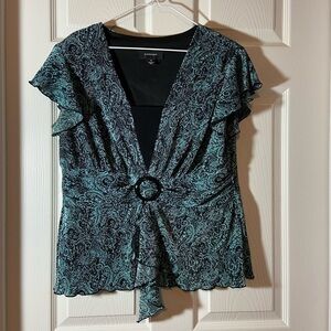 R&M Richards Womens black Blue Floral Shirt Top Blouse Size 14 shirt sleeve GUC.